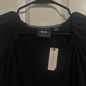 Anthropologie Maeve Annika Knit Mini Dress in black with puff sleeves - S